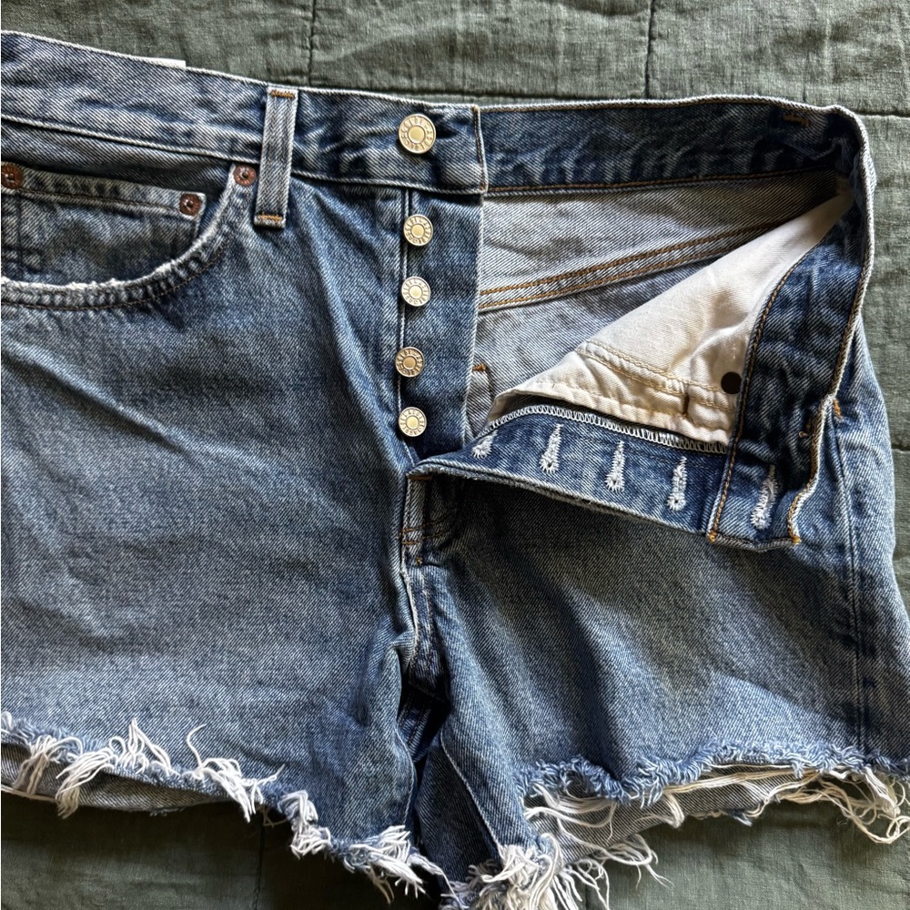 Agolde Parker Long Shorts in Skywave Medium Blue Wash Distressed Denim Shorts - Picture 10 of 12